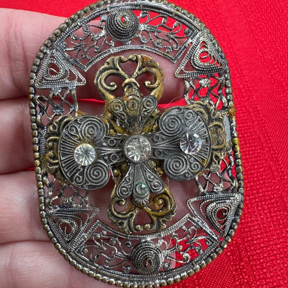 VTG 2 Handmade Religious Brooch/Necklace Ave‎ Maria Madonna Child Cross Filigree